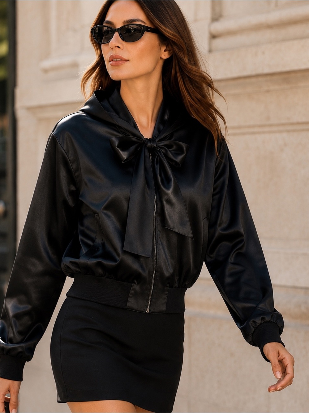 Area Silk Bomber Jacket Womens Size S Black Excellent Bow Tie Neck - Picture 1 of 8